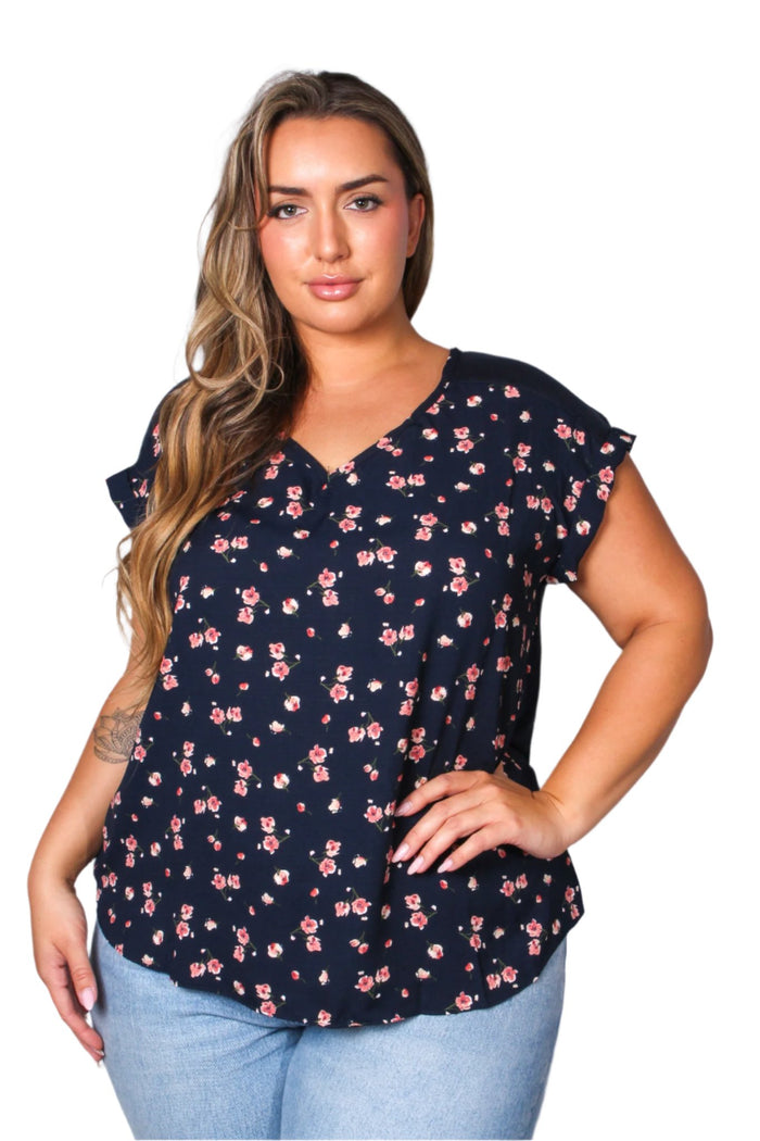 Women's Plus Cap Sleeves V Neck Floral Top