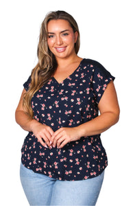 Women's Plus Cap Sleeves V Neck Floral Top