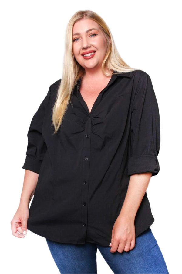 Women's Plus Long Sleeve Collared Button Down Solid Top