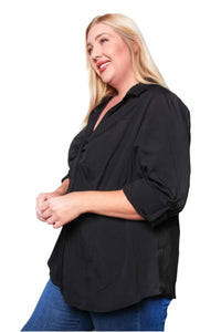 Women's Plus Long Sleeve Collared Button Down Solid Top