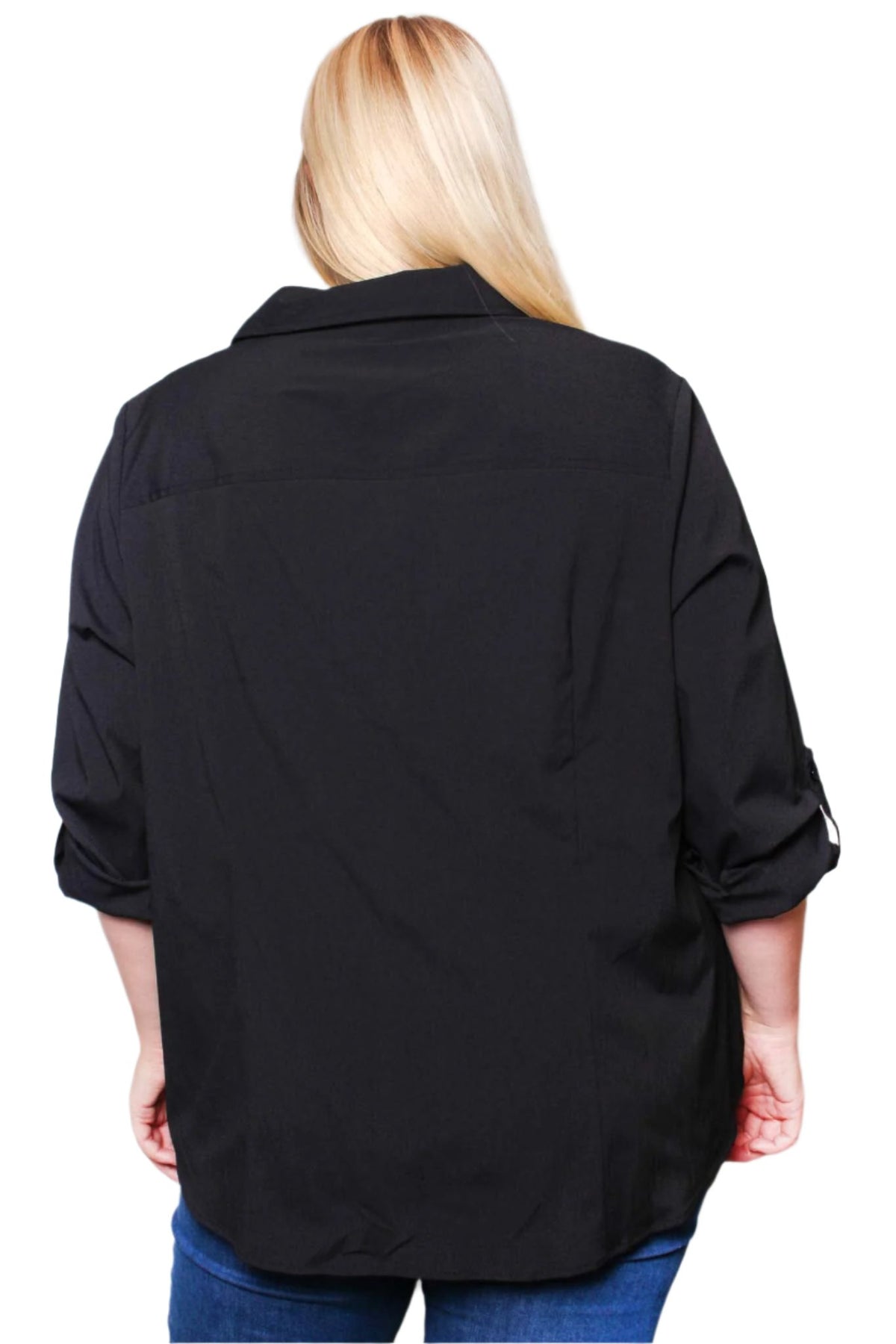 Women's Plus Long Sleeve Collared Button Down Solid Top