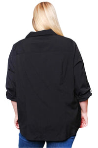 Women's Plus Long Sleeve Collared Button Down Solid Top