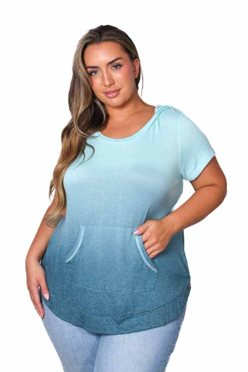 Women's Plus Short Sleeve Front Pocket Dip Dye Hoodie Top