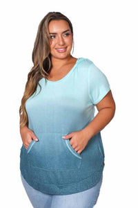 Women's Plus Short Sleeve Front Pocket Dip Dye Hoodie Top