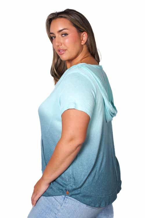 Women's Plus Short Sleeve Front Pocket Dip Dye Hoodie Top