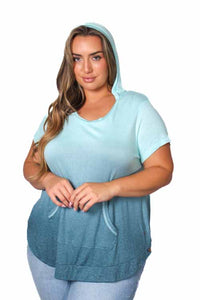 Women's Plus Short Sleeve Front Pocket Dip Dye Hoodie Top