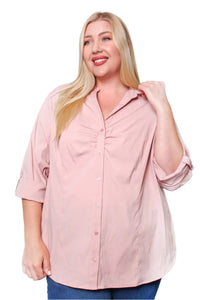 Women's Plus Long Sleeve Collared Button Down Solid Top