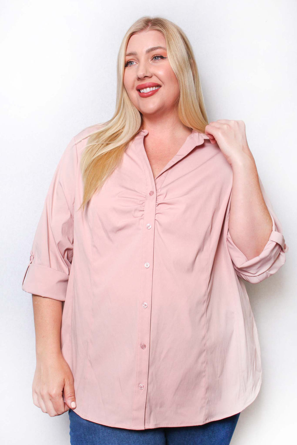 Women's Plus Long Sleeve Collared Button Down Solid Top