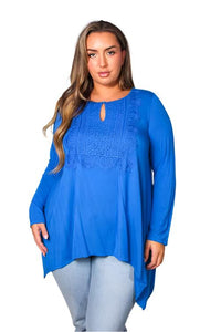 Women's Long Sleeves Round Neck Key Hole With Crochet Detail Top