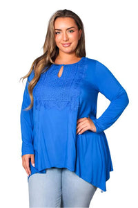 Women's Long Sleeves Round Neck Key Hole With Crochet Detail Top