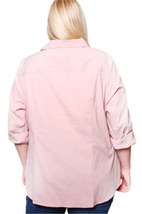 Women's Plus Long Sleeve Collared Button Down Solid Top