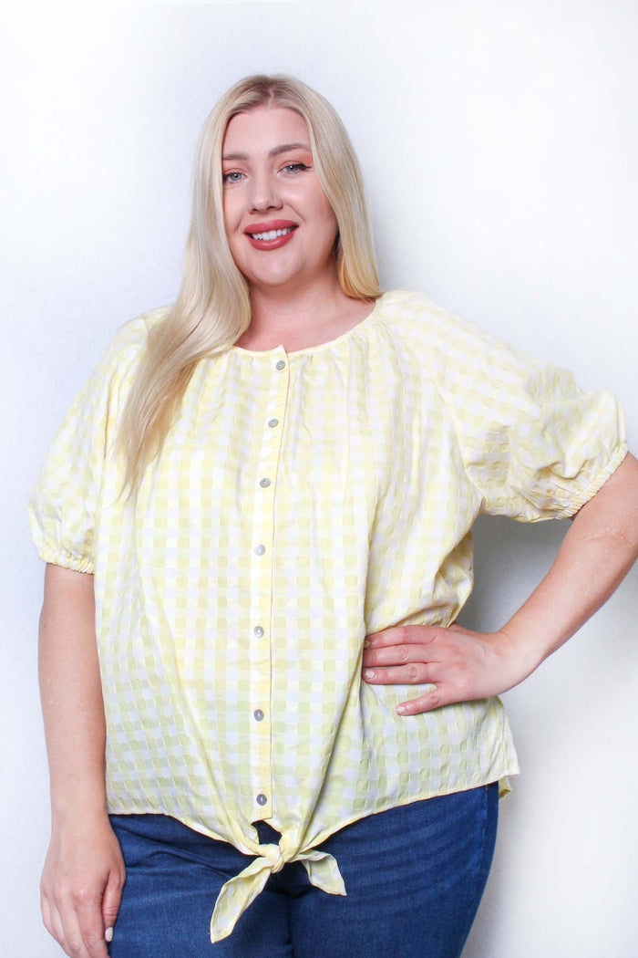 Women's Plus Short Sleeve Round Neck Button Down Plaid Top