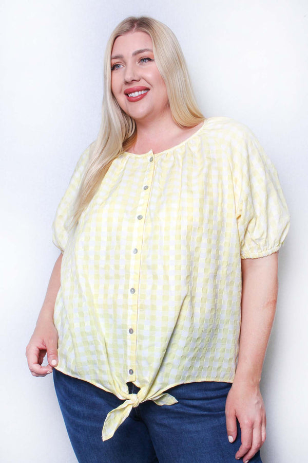 Women's Plus Short Sleeve Round Neck Button Down Plaid Top