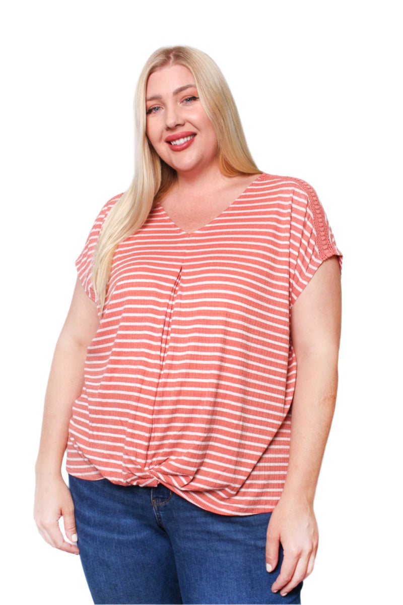 Women's Plus Short Sleeve V Neck Striped Top