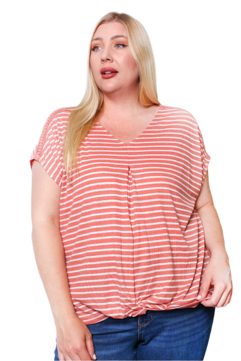 Women's Plus Short Sleeve V Neck Striped Top