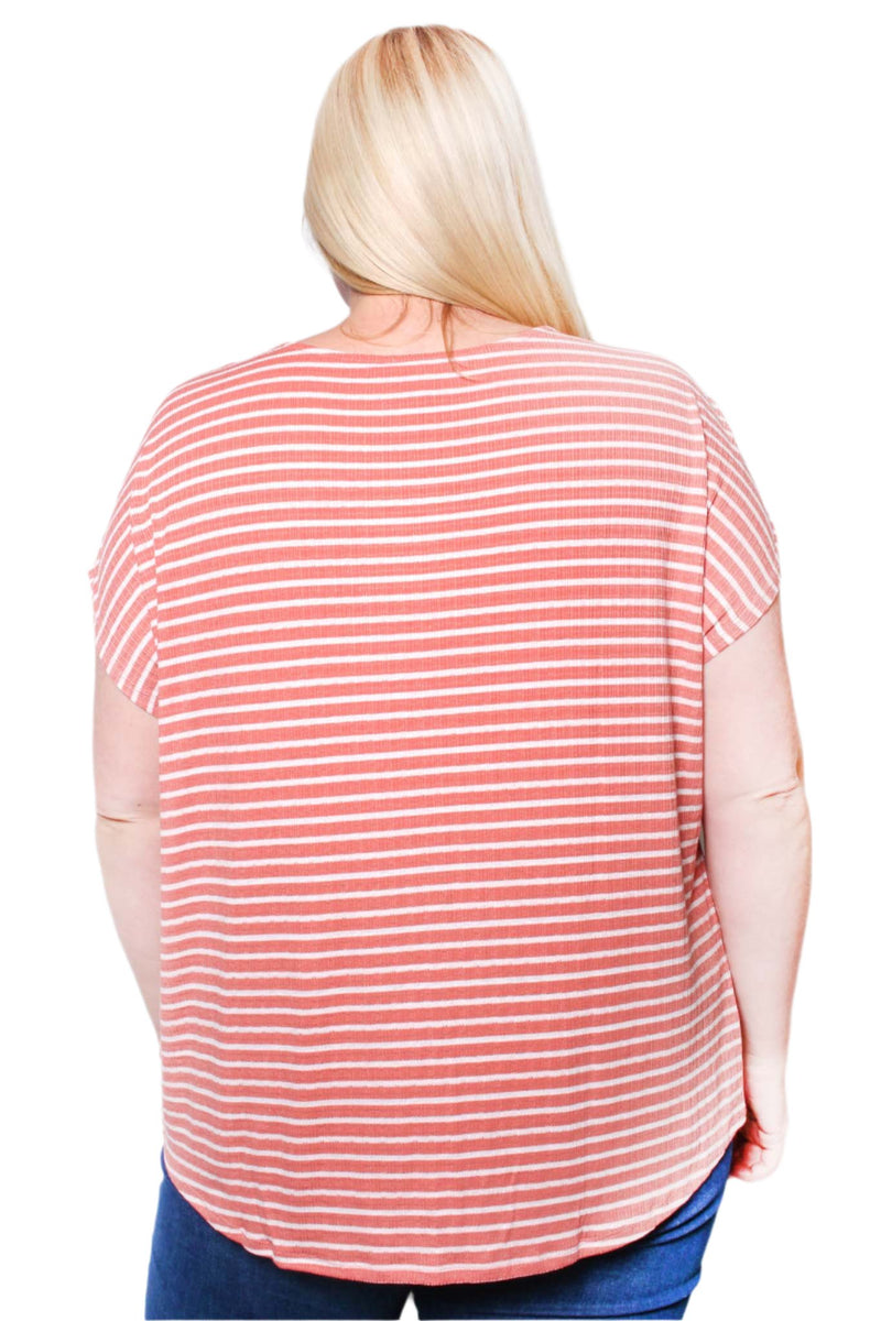 Women's Plus Short Sleeve V Neck Striped Top