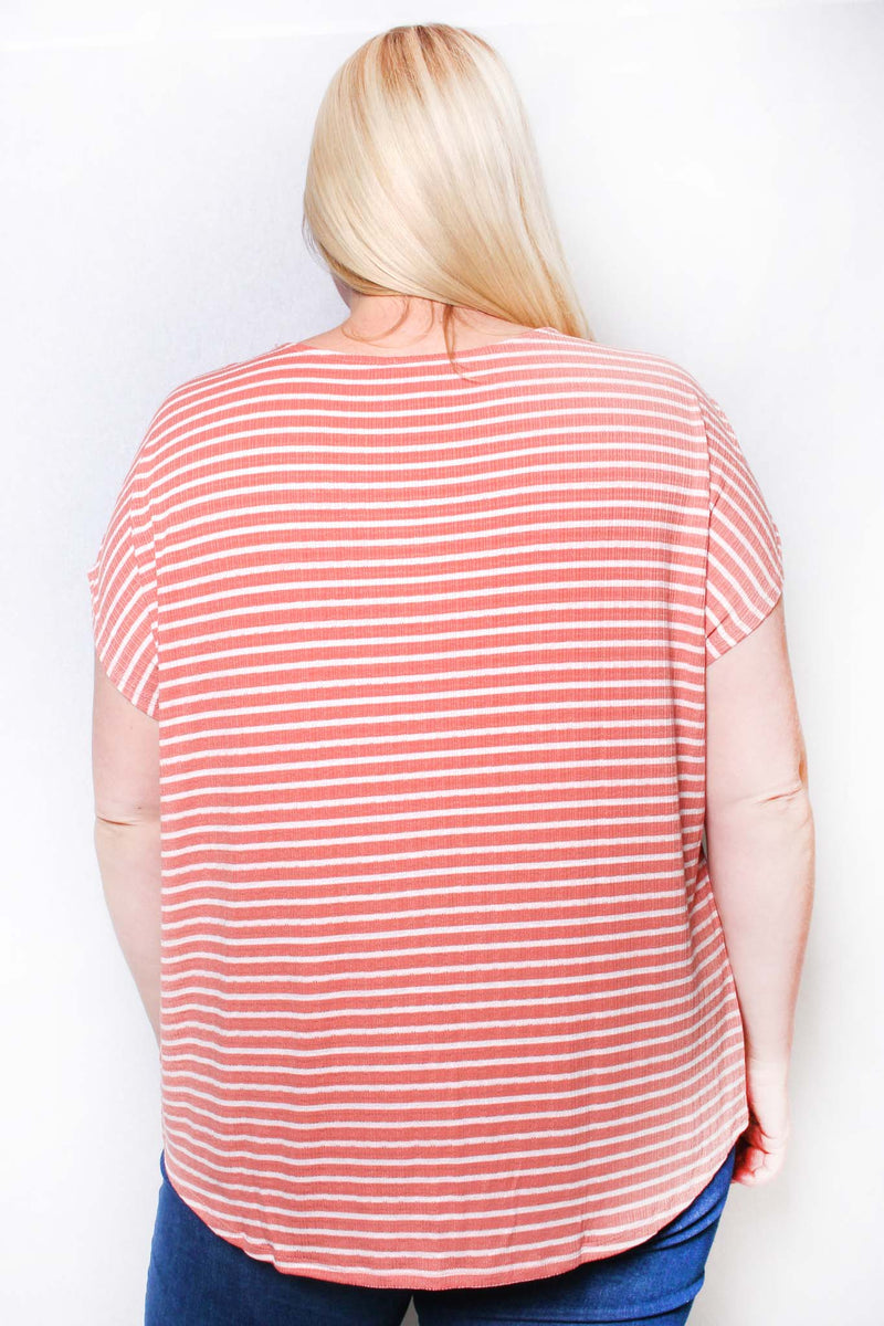 Women's Plus Short Sleeve V Neck Striped Top
