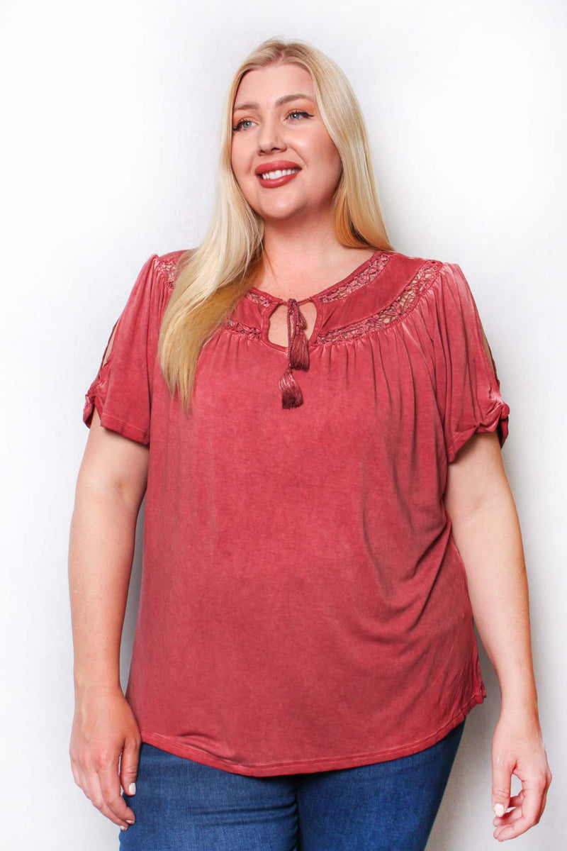 Women's Plus Short Sleeve Tie Front Lace Solid Top