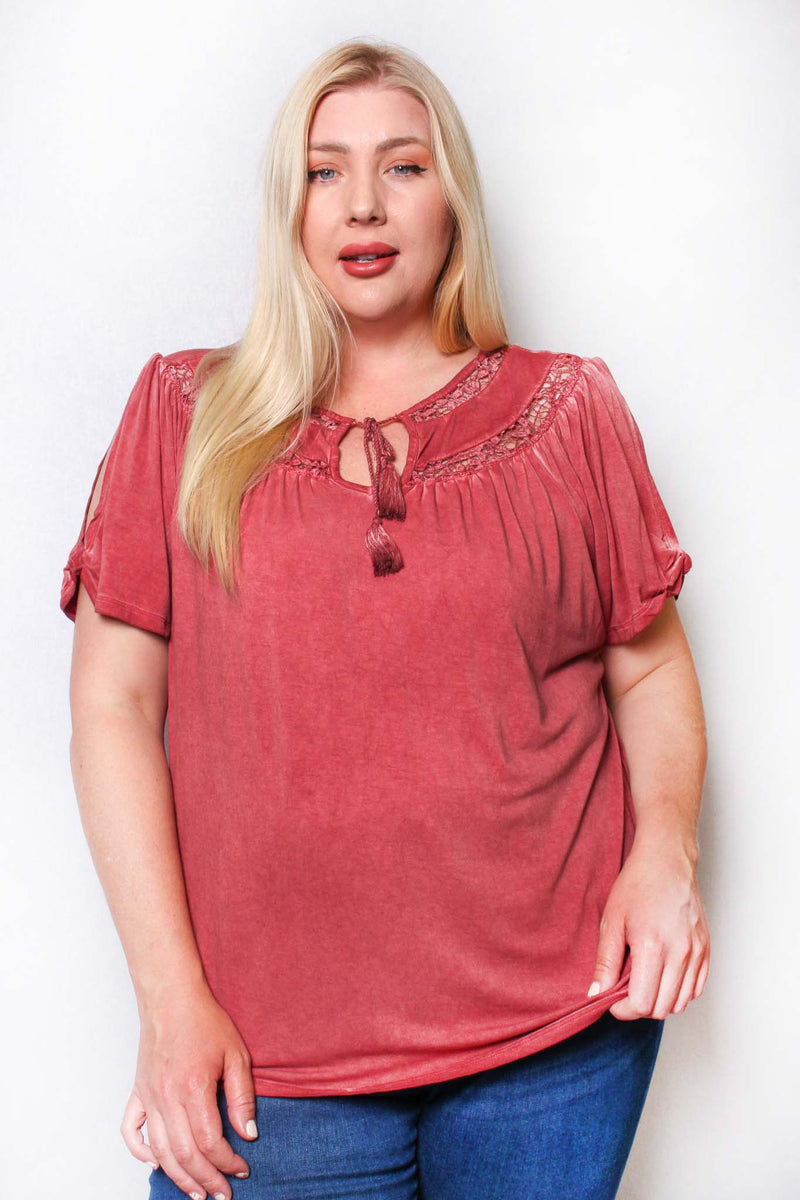 Women's Plus Short Sleeve Tie Front Lace Solid Top