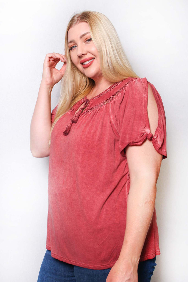 Women's Plus Short Sleeve Tie Front Lace Solid Top