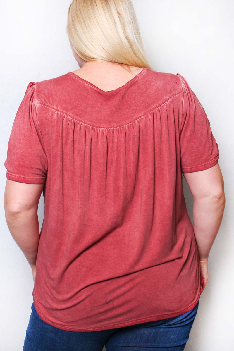 Women's Plus Short Sleeve Tie Front Lace Solid Top
