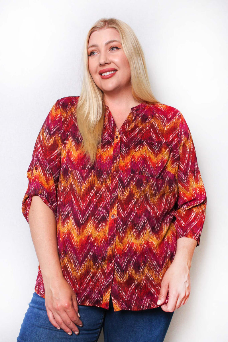Women's Plus 3/4 Sleeve Button Down Zigzag Print Top