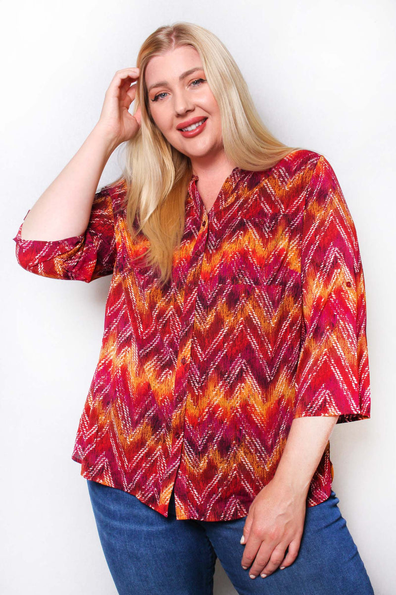 Women's Plus 3/4 Sleeve Button Down Zigzag Print Top
