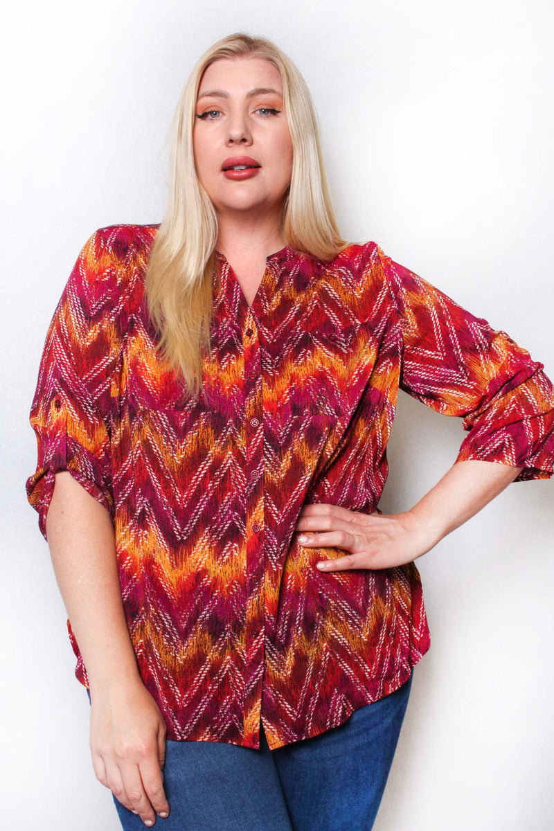 Women's Plus 3/4 Sleeve Button Down Zigzag Print Top