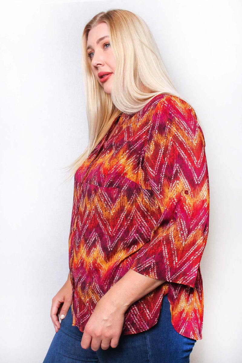 Women's Plus 3/4 Sleeve Button Down Zigzag Print Top