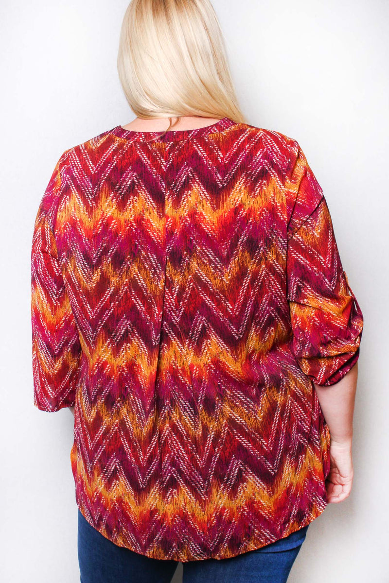 Women's Plus 3/4 Sleeve Button Down Zigzag Print Top