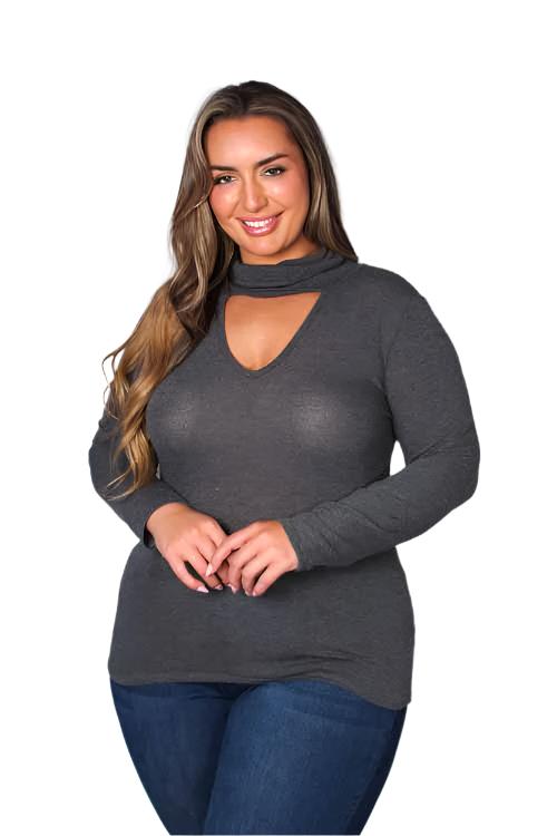 Women's Plus Long Sleeve Turtleneck Cut Out Top