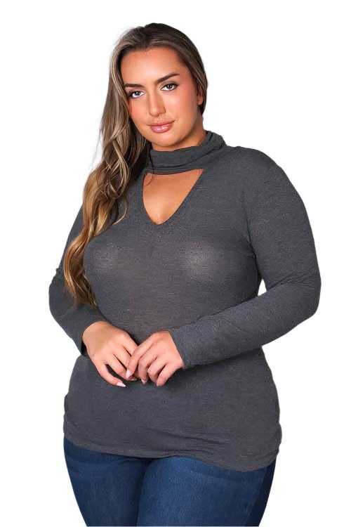 Women's Plus Long Sleeve Turtleneck Cut Out Top