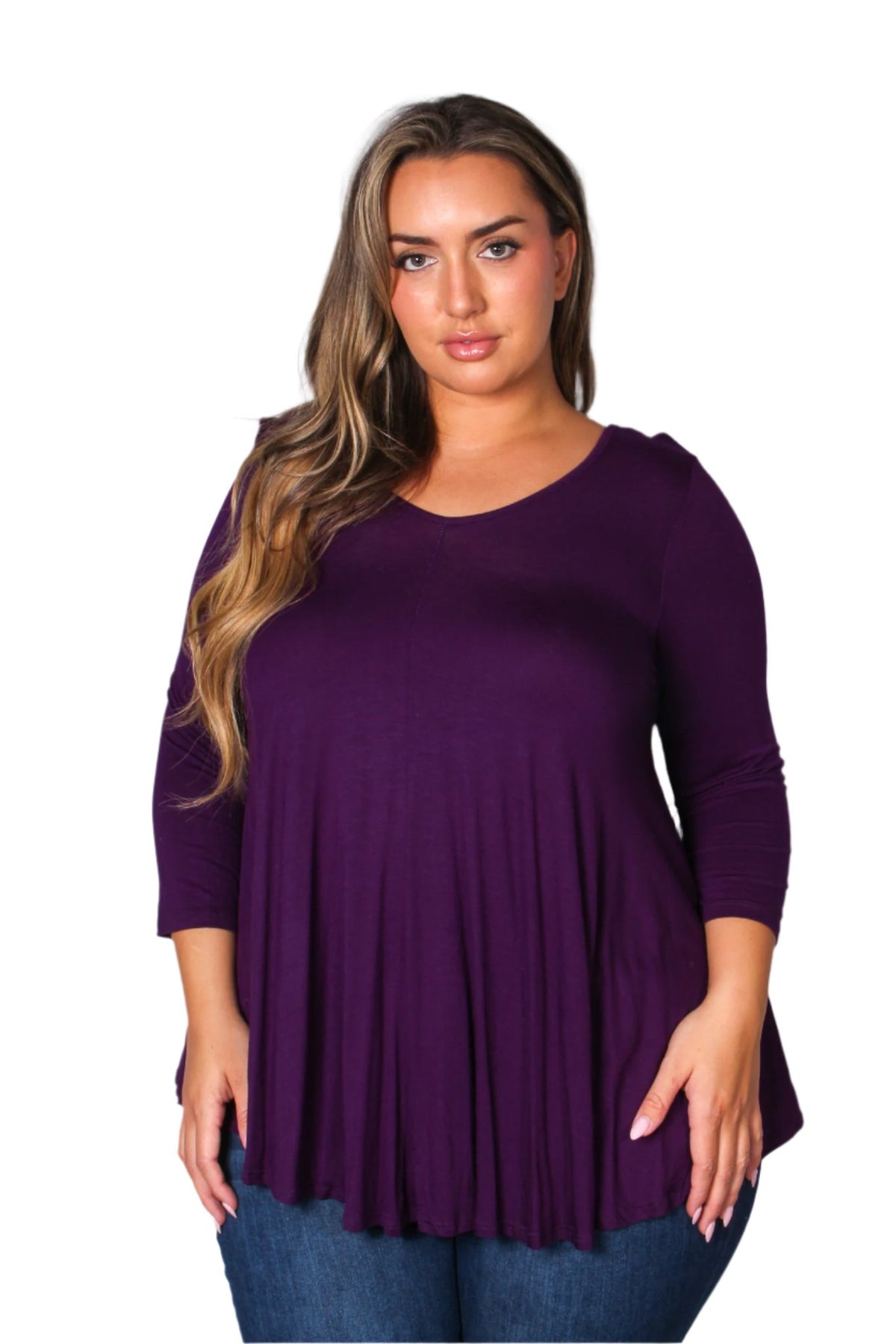 Women's Plus 3/4 Sleeve Scoop Neck Ruffle Solid Top