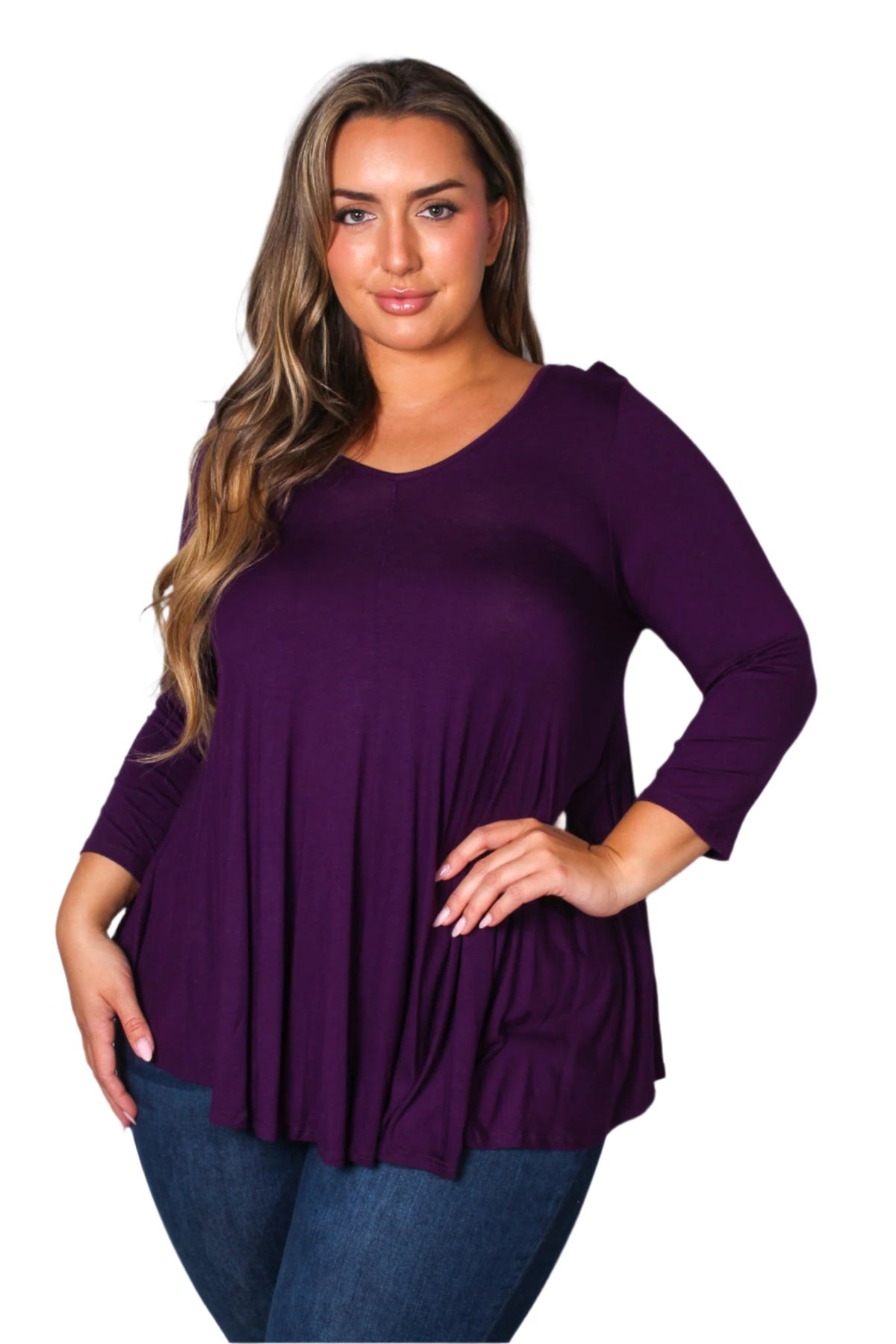 Women's Plus 3/4 Sleeve Scoop Neck Ruffle Solid Top