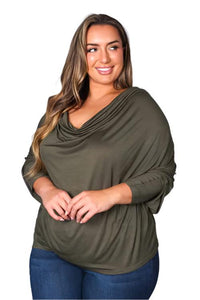 Women's Plus Long Sleeve Cowl Neck Solid Top