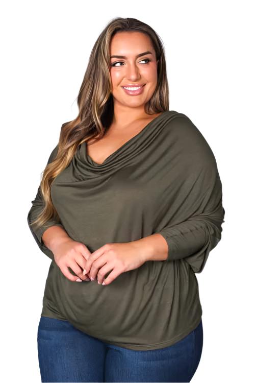 Women's Plus Long Sleeve Cowl Neck Solid Top