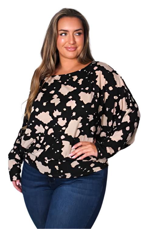 Women's Plus Long Sleeve Round Neck Printed Top