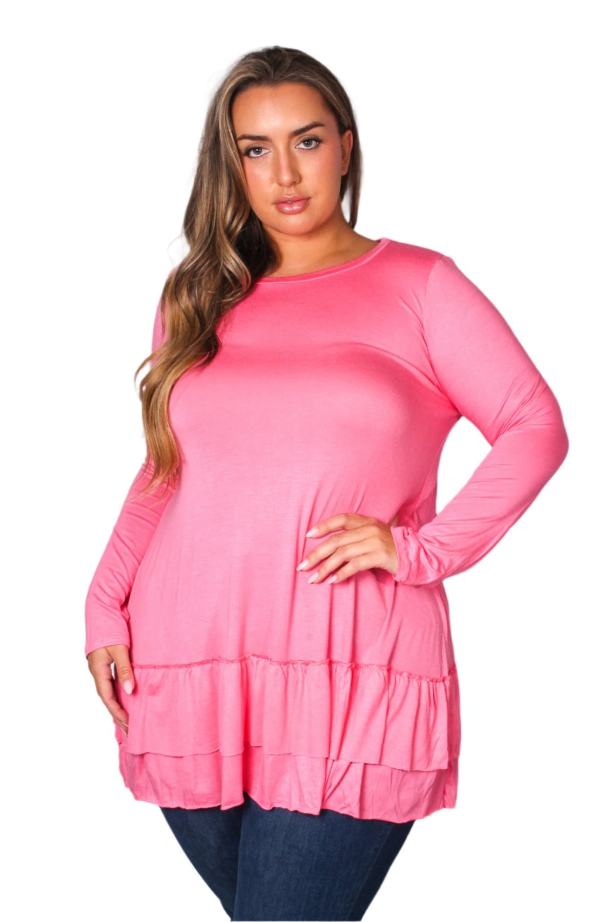 Women's Plus Long Sleeve Boat Neck Tiered Ruffle Hem Top