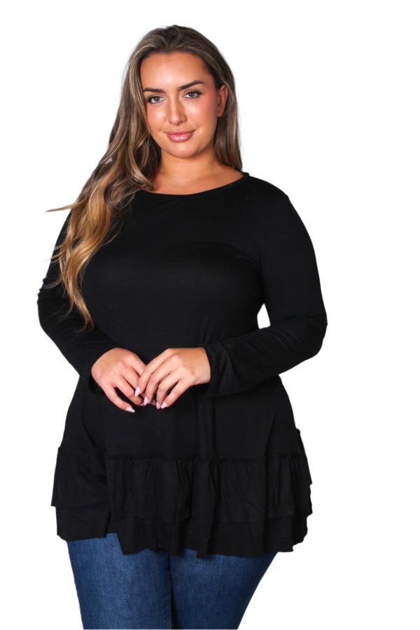 Women's Plus Long Sleeve Crew Neck Ruffle Hem Top