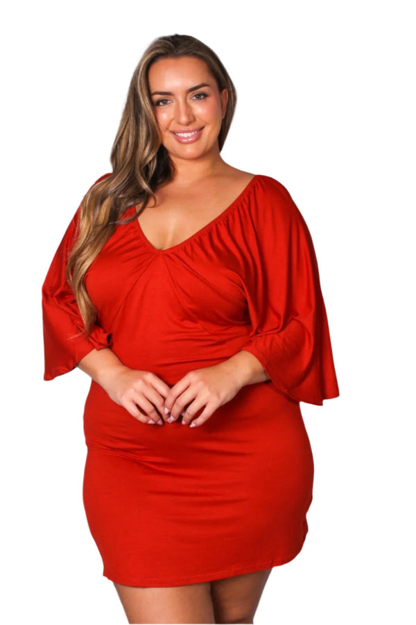 Women's Plus Short Sleeve V Neck Solid Mini Dress