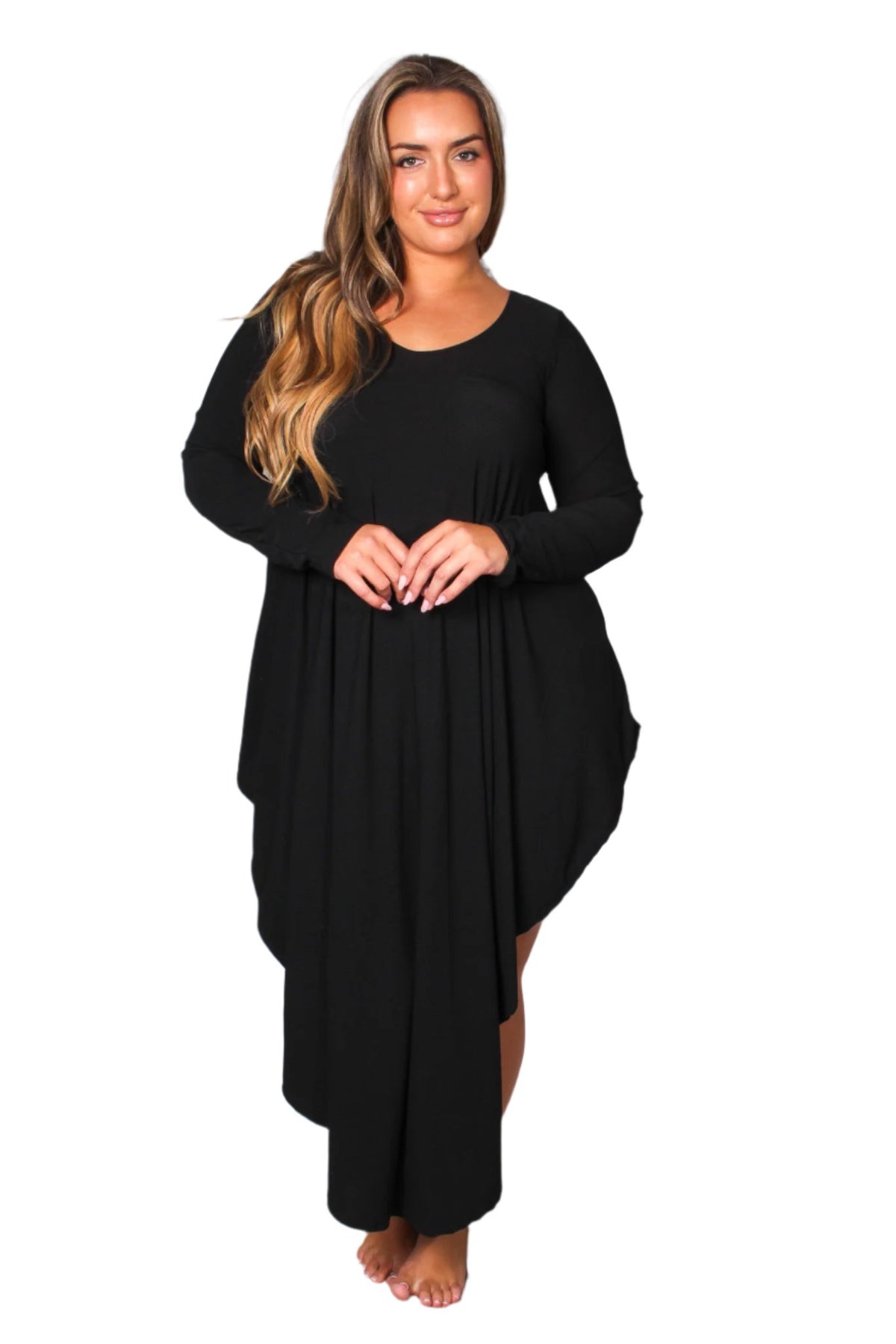 Women's Plus Long Sleeve Scoop Neck Ruffle V Hem Midi Dress