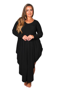 Women's Plus Long Sleeve Scoop Neck Ruffle V Hem Midi Dress