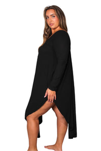 Women's Plus Long Sleeve Scoop Neck Ruffle V Hem Midi Dress