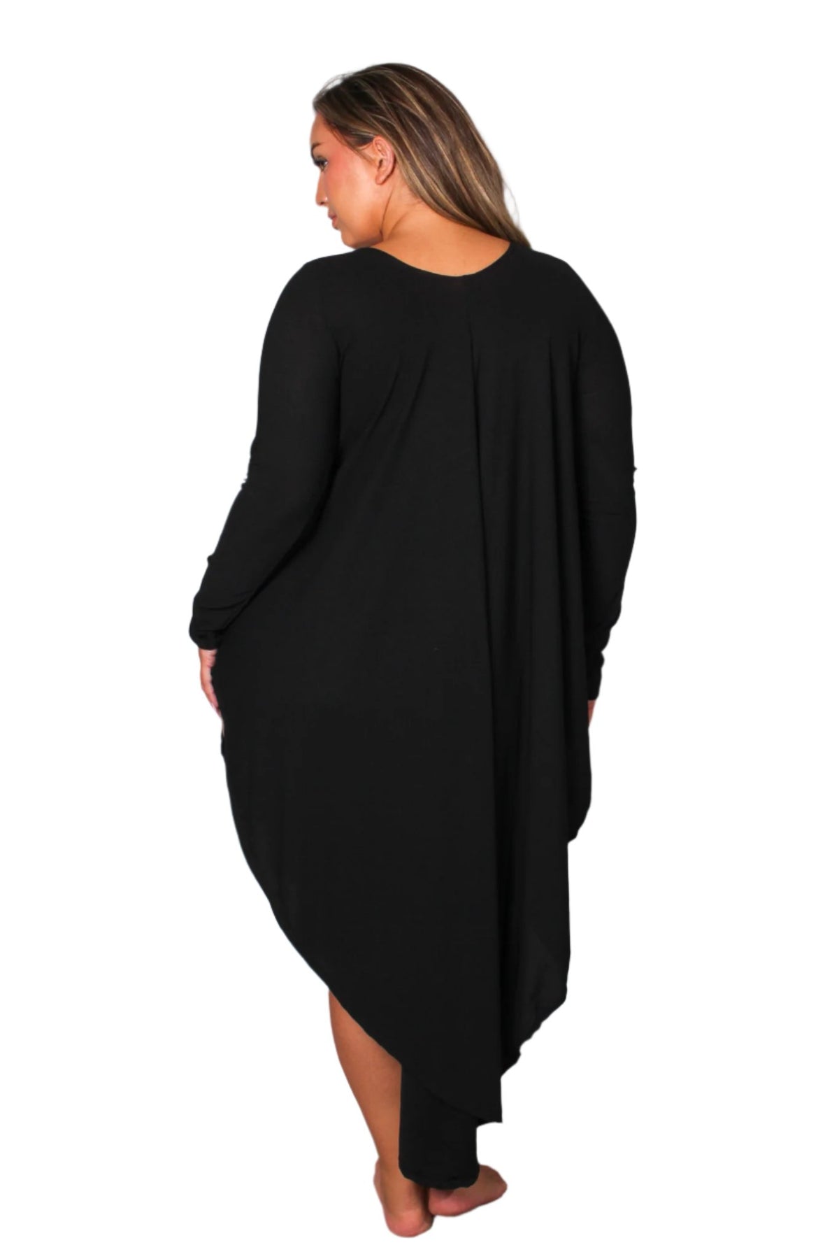Women's Plus Long Sleeve Scoop Neck Ruffle V Hem Midi Dress