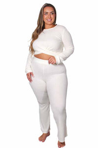 Women's Plus Front Knot Waffle Crop Top & Plus High Waist Knitted Pants Set