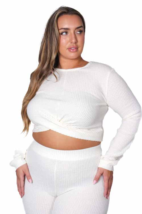 Women's Plus Long Sleeves Front Knot Waffle Crop Top