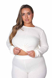 Women's Plus Long Sleeves Front Knot Waffle Crop Top