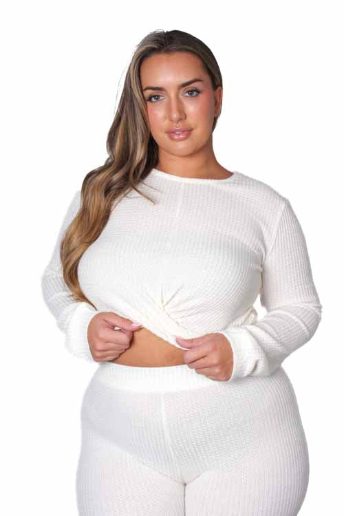 Women's Plus Long Sleeves Front Knot Waffle Crop Top