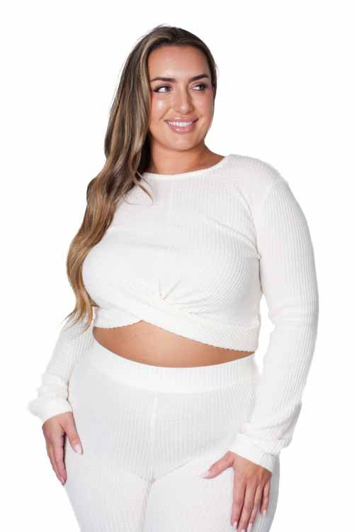 Women's Plus Long Sleeves Front Knot Waffle Crop Top