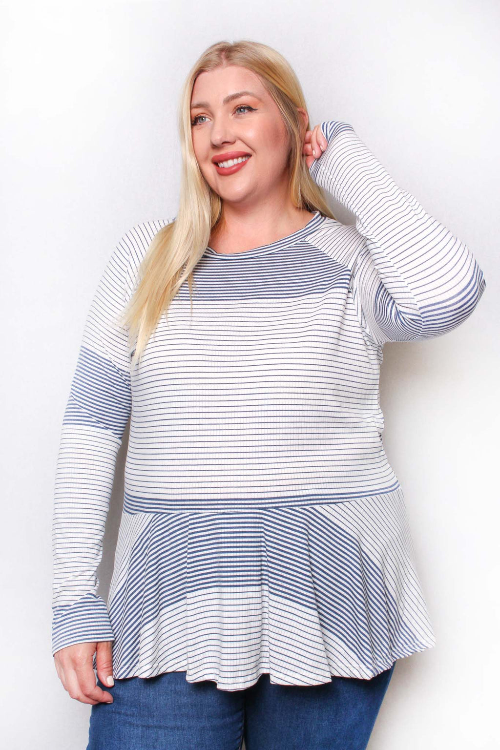 Women's Plus Long Sleeve Crew Neck Stripe Top